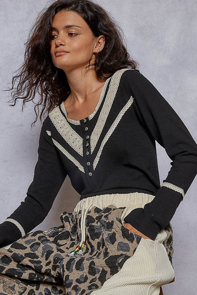 Lace Detailed Long Sleeve Rib Knit Top