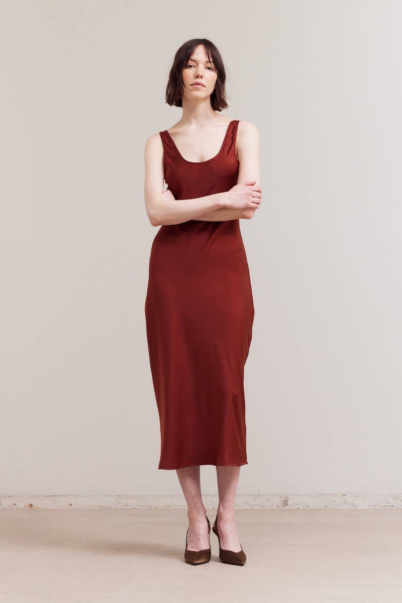 Satin Round Neck Midi Dress