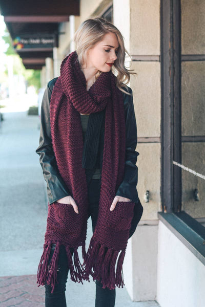 Leto Accessories Oversized Two Pocket Tassel Scarf: Burgundy - Simple Good