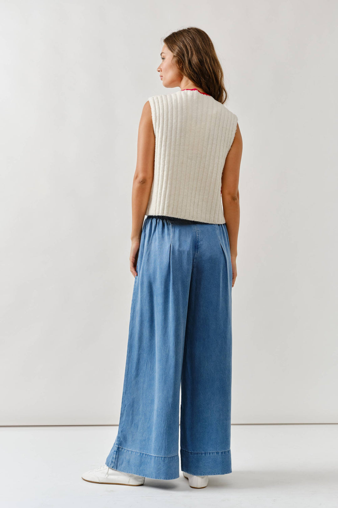 Smock Waist Soft Denim Wide Trousers