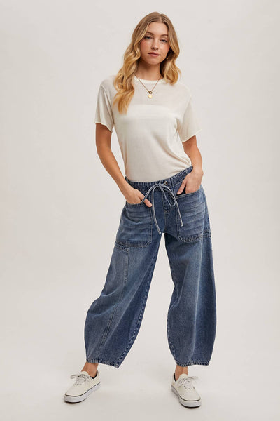 Mid- Rise Drawstring Barrel Jeans