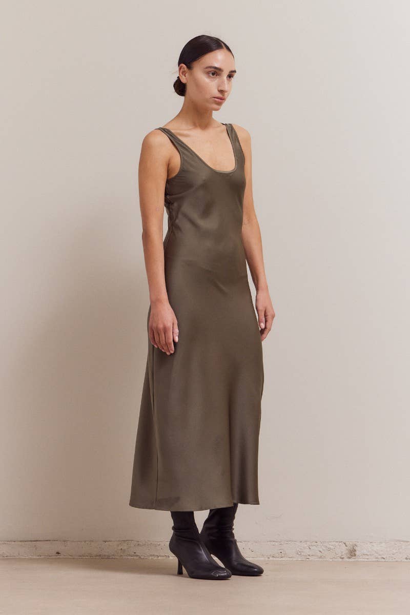 Satin Round Neck Midi Dress