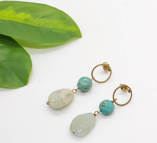 Brass Double Stone Stud Dangle Earring: Turquoise-Amazonite