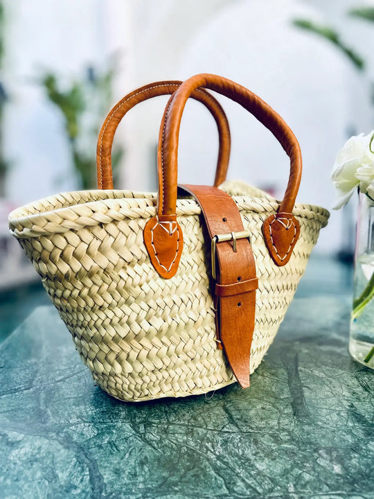 Handwoven Straw Basket Bag with Leather Handles