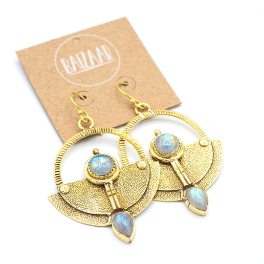 Brass Moonstone Sundial Earrings