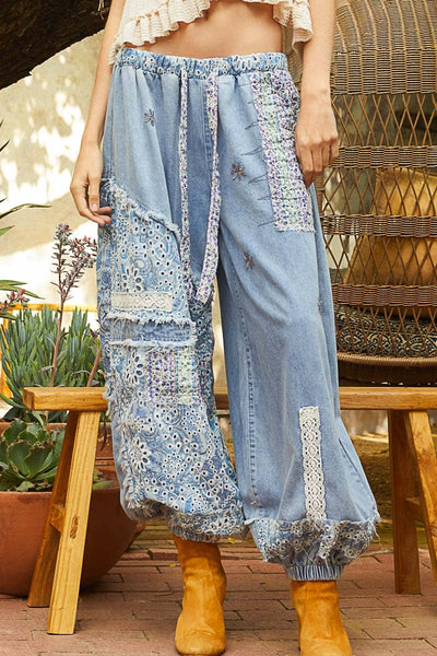 Floral Print Patchwork Twill Joggers