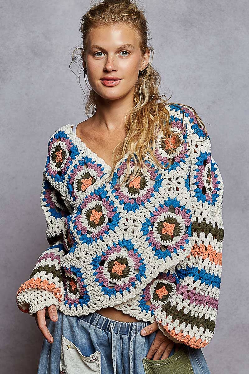 V Neck Granny Square Chenille Sweater