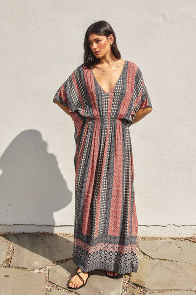 Border Print Cinch Kaftan Dress