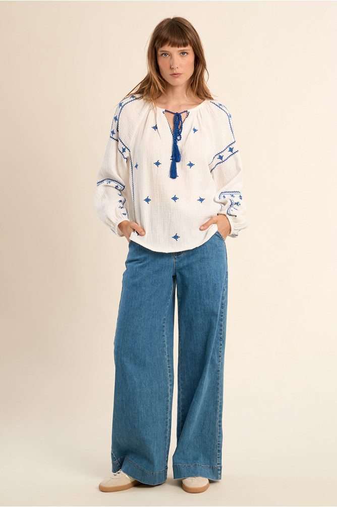 Cotton Gauze Embroidered Blouse