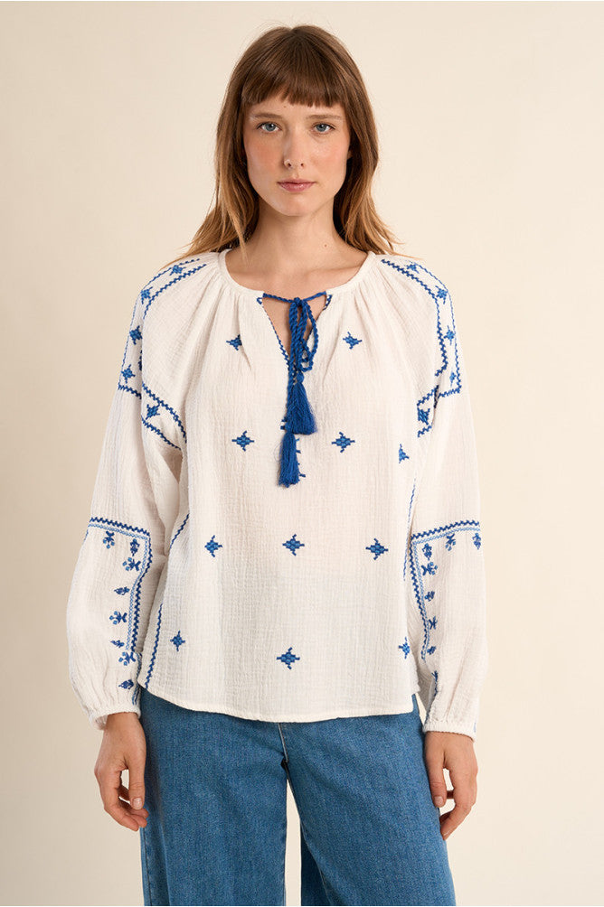 Cotton Gauze Embroidered Blouse