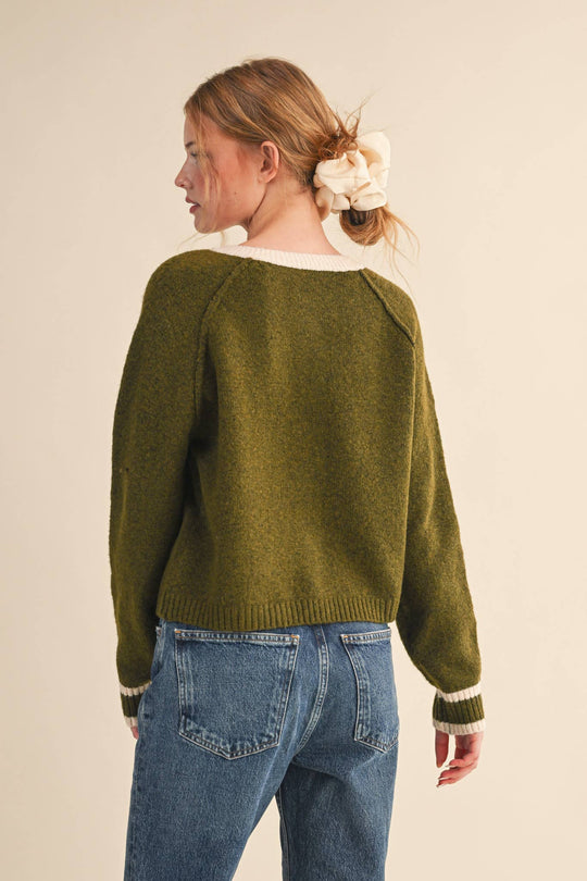 Olive & Cream Round Neck Cardigan