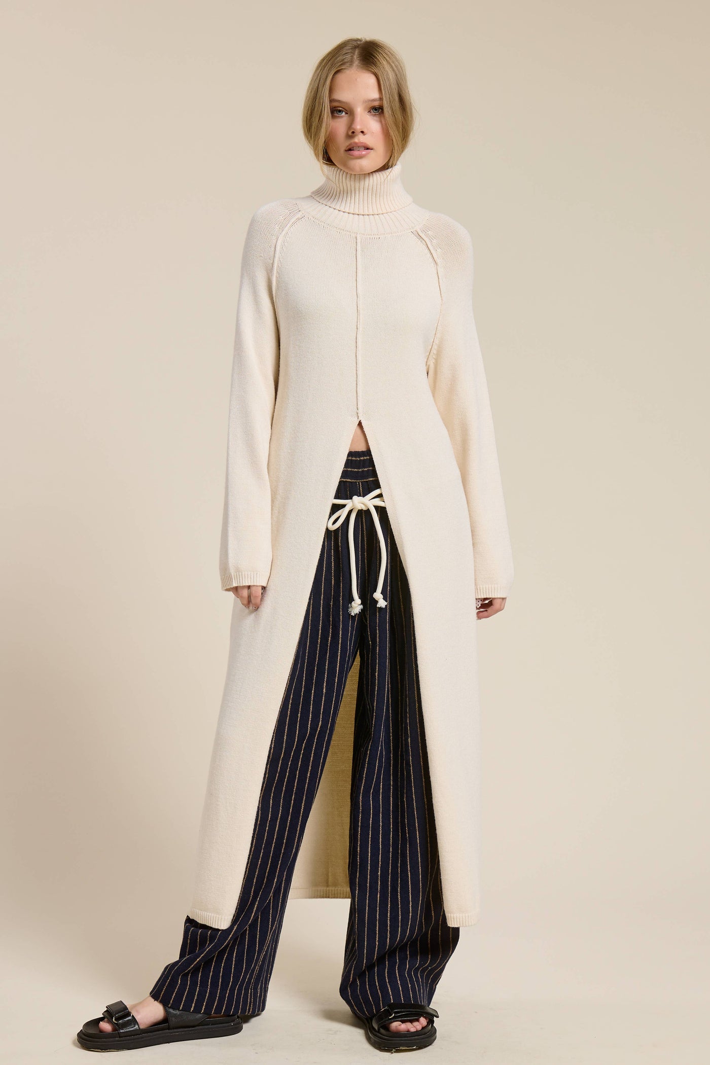 Ribbed Turtleneck Tunic Sweater Dress with Slit