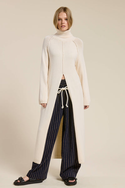Ribbed Turtleneck Tunic Sweater Dress with Slit