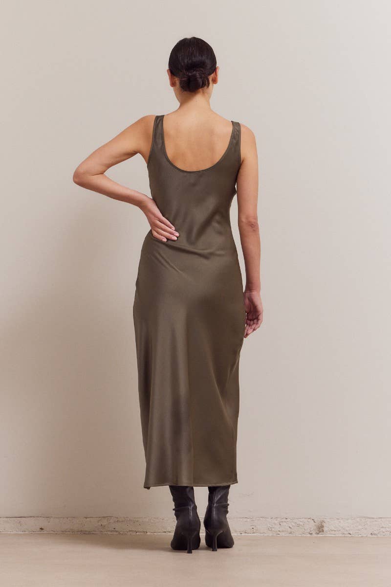 Satin Round Neck Midi Dress