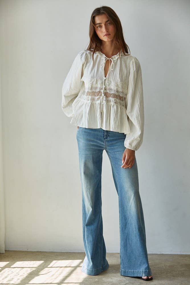 Woven Sheer Lace Detail Blouse
