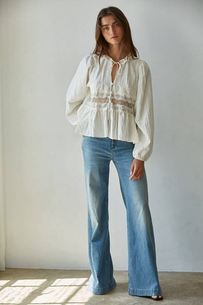 Woven Sheer Lace Detail Blouse