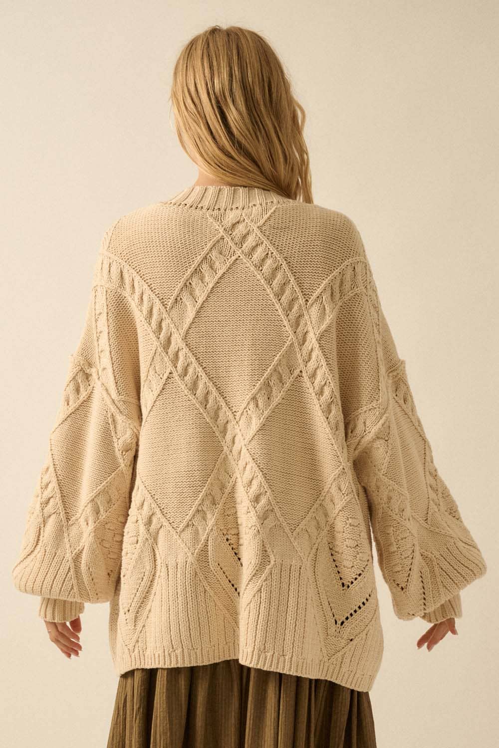 Cable-Knit Oversize Balloon-Sleeve Cardigan