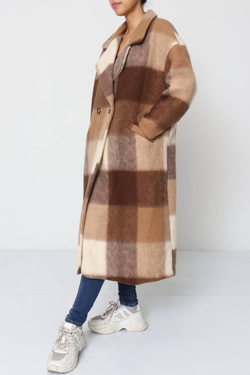 Camel Plaid Mid Length Pea Coat
