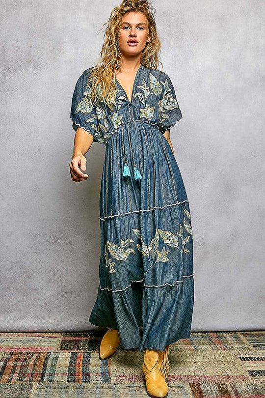 Embroidery Ruffle Neck Loop Cotton Denim V-neck Long Dress