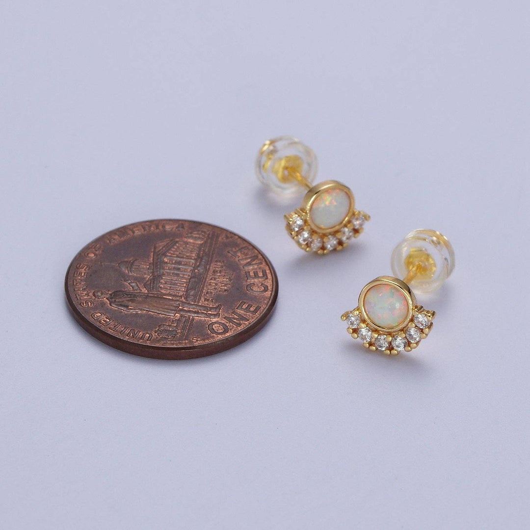 24K Gold Filled Micro Paved Round White Opal Stud Earrings