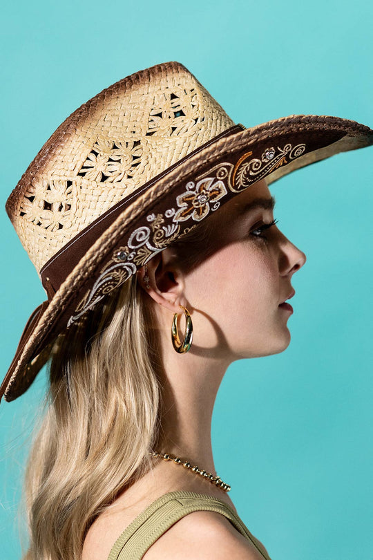 Vintage Western Hat With Embroidery Stone Band