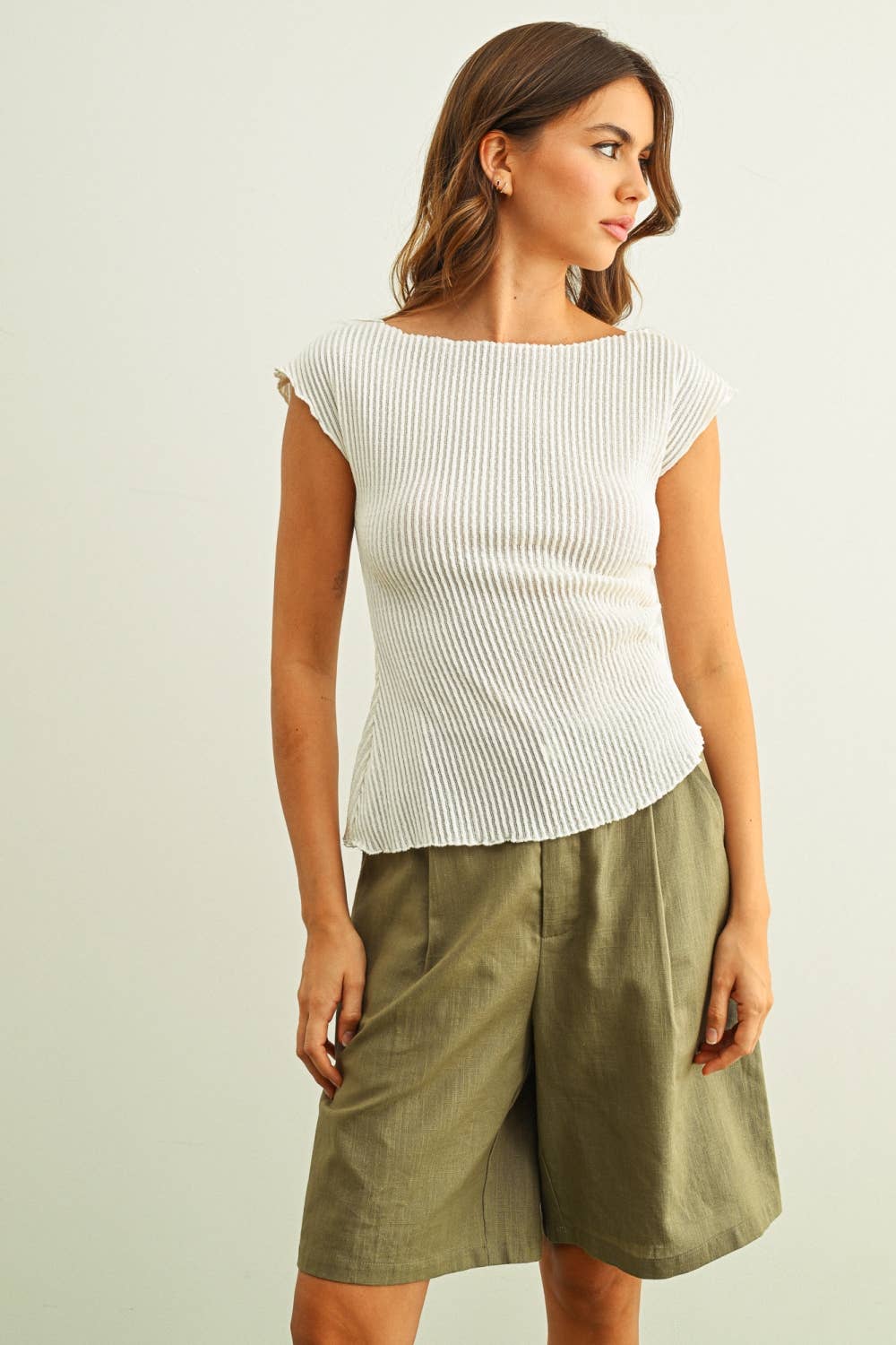 Crinkled Cap Sleeve Shirred Tee