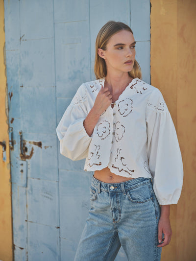 Denim Embroidered Puff Sleeve Blouse