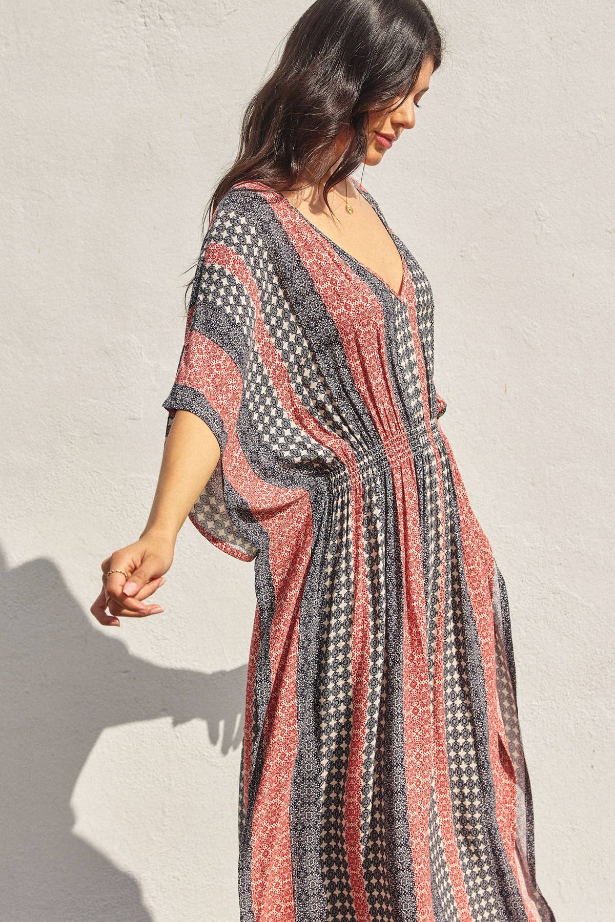 Border Print Cinch Kaftan Dress