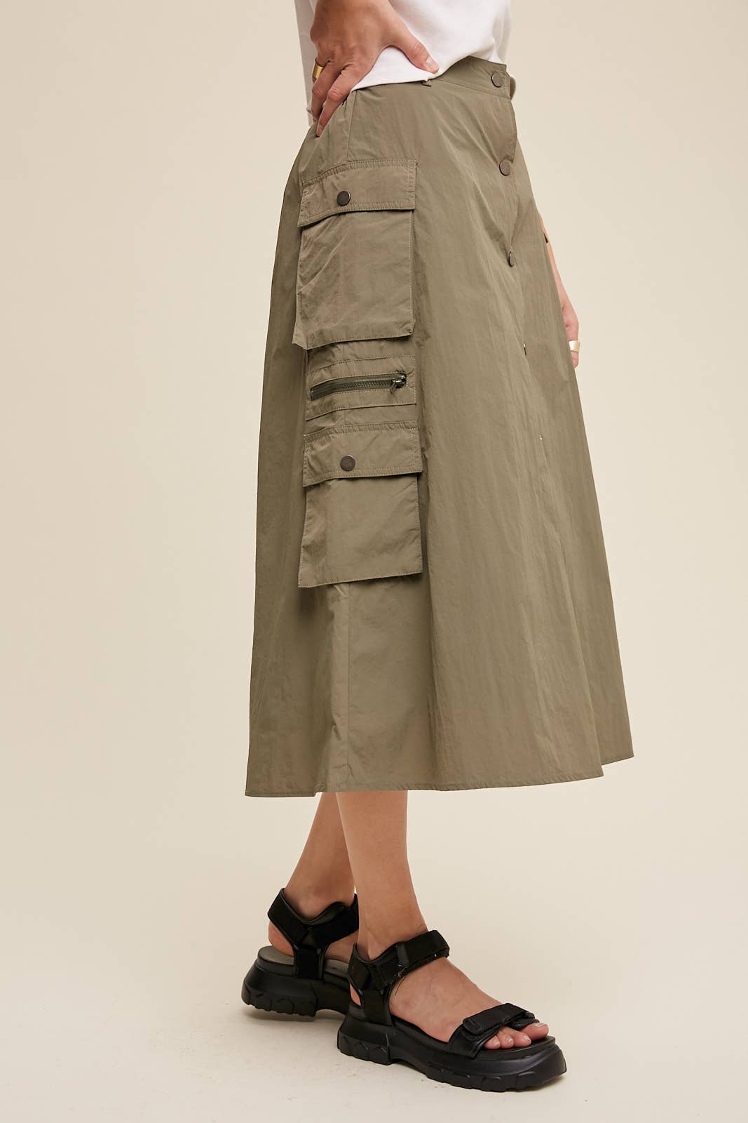 Parachute Button-Front Cargo Midi Skirt
