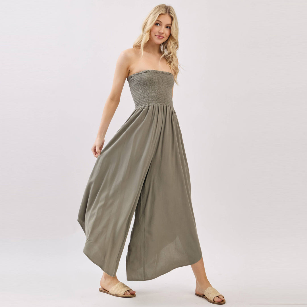 Solid Smocked Detailed Off Shoulder Jumpsuit
