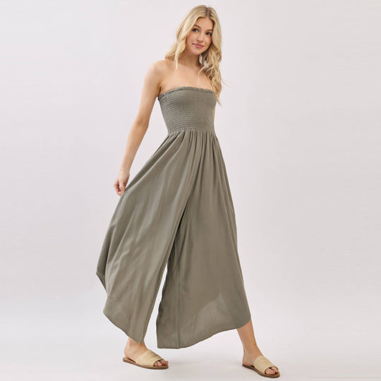 Solid Smocked Detailed Off Shoulder Jumpsuit