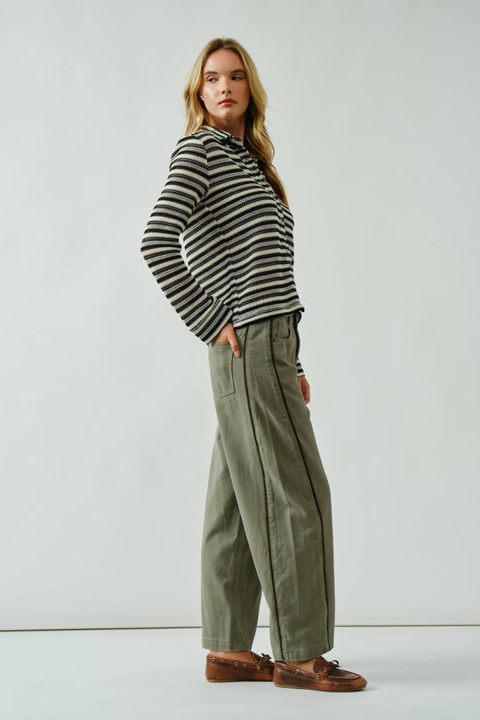 Olive Barrel Jeans with Piping Detail