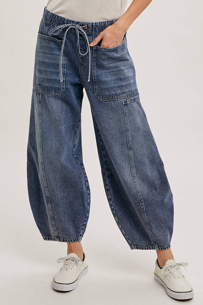Mid- Rise Drawstring Barrel Jeans
