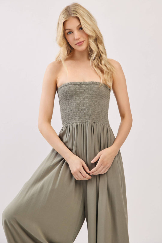 Solid Smocked Detailed Off Shoulder Jumpsuit