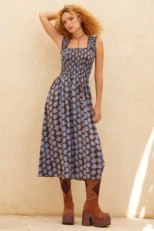 Floral-Print Fit-and-Flare Smocked Midi Dress