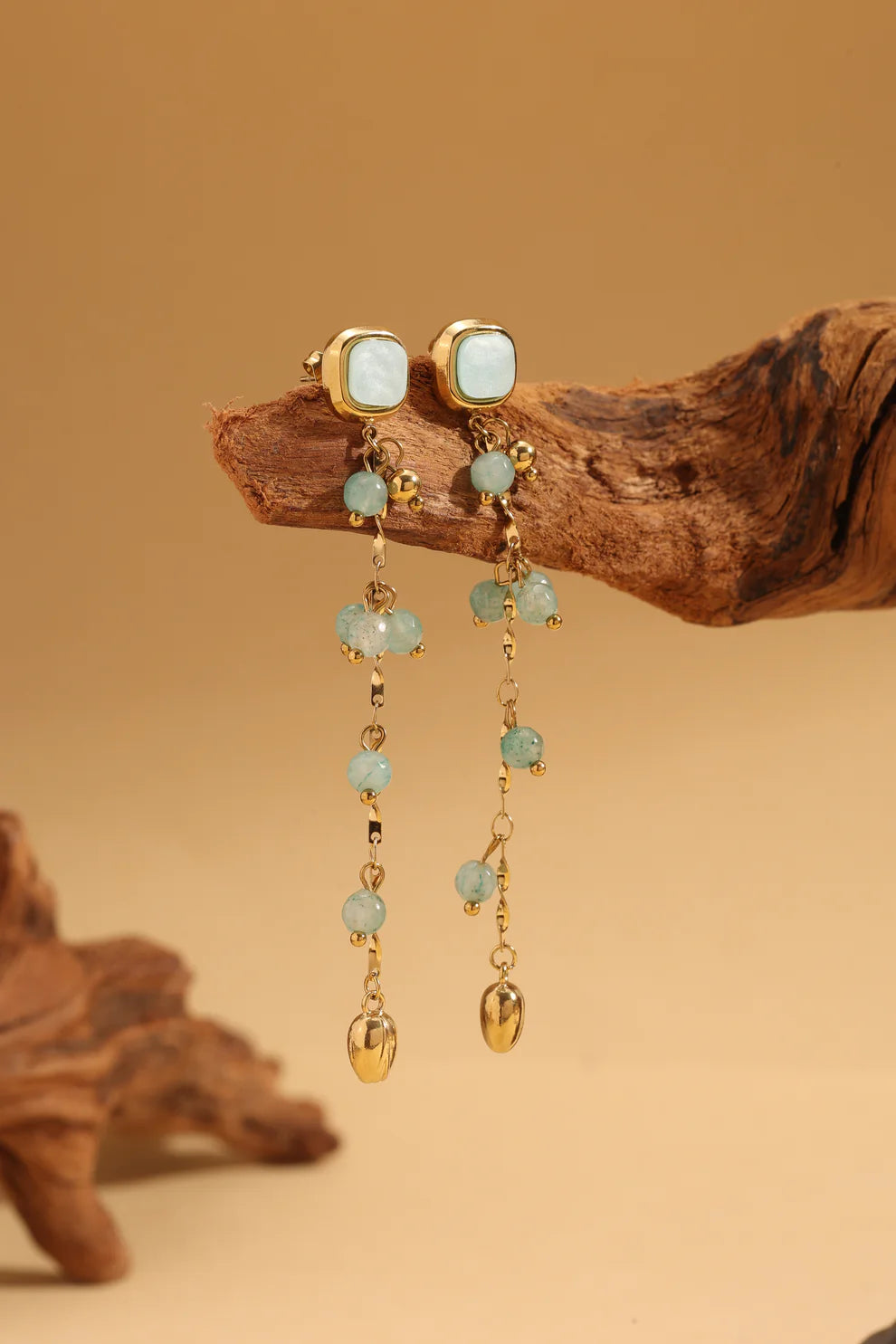 Beaded Dangle Earrings with Square Cabochon