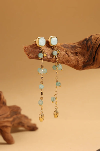Beaded Dangle Earrings with Square Cabochon