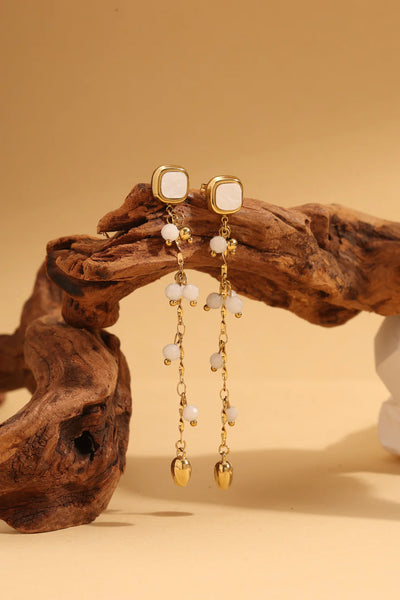 Beaded Dangle Earrings with Square Cabochon