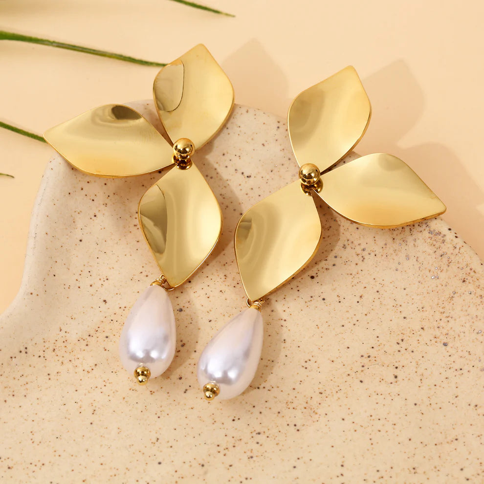 Half Flower Pearl Drop Earrings