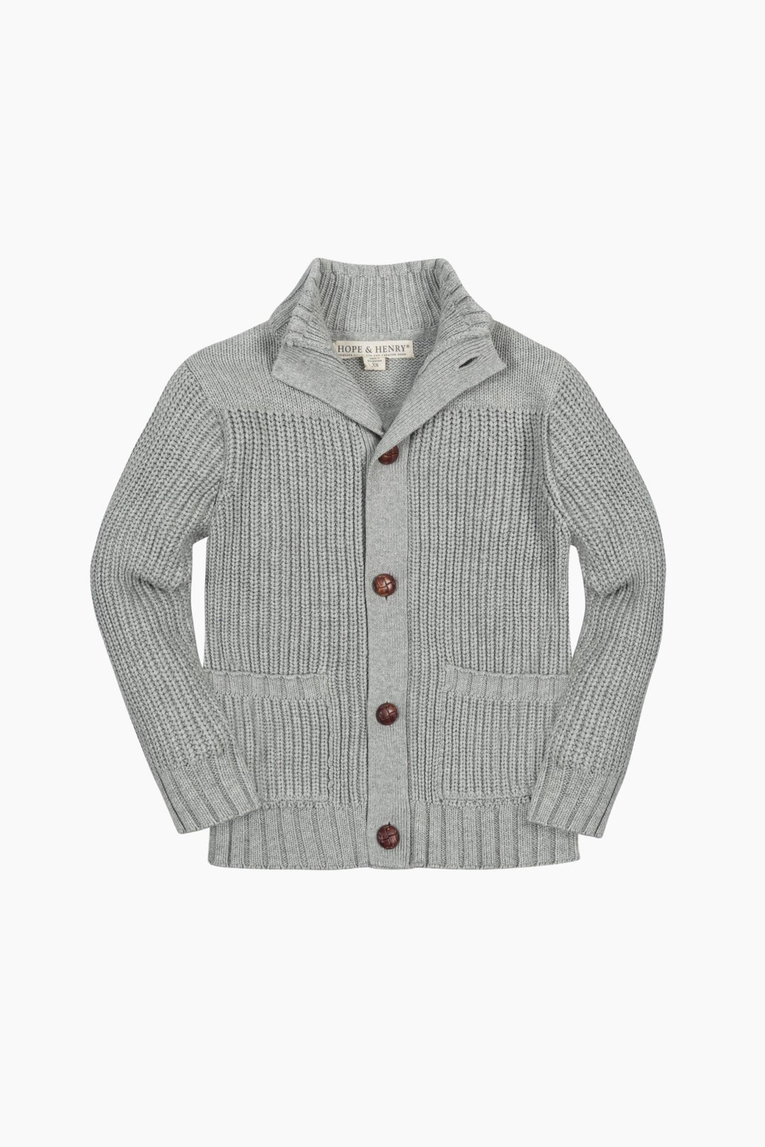 Gray knitted cardigan with buttons on a white background