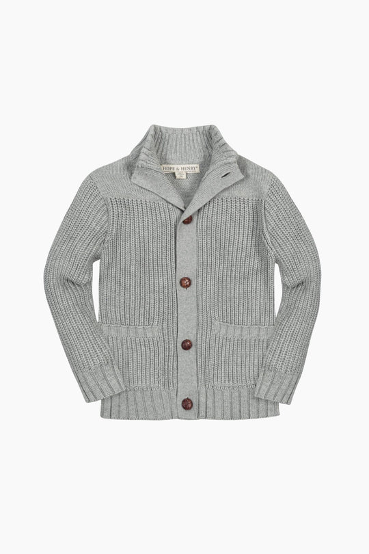 Gray knitted cardigan with buttons on a white background