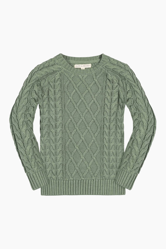 Green cable knit sweater on a white background