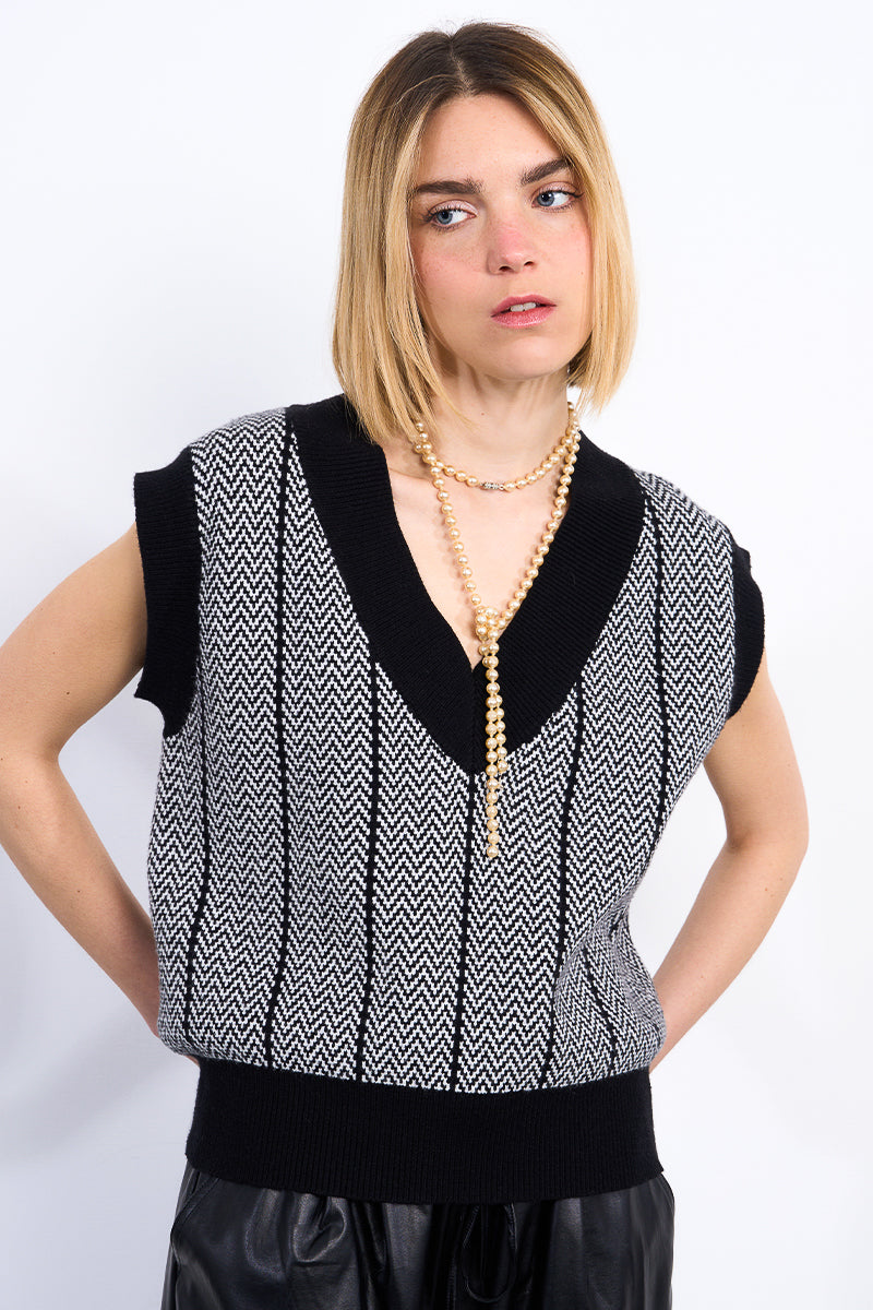 Black Herringbone Sweater Vest