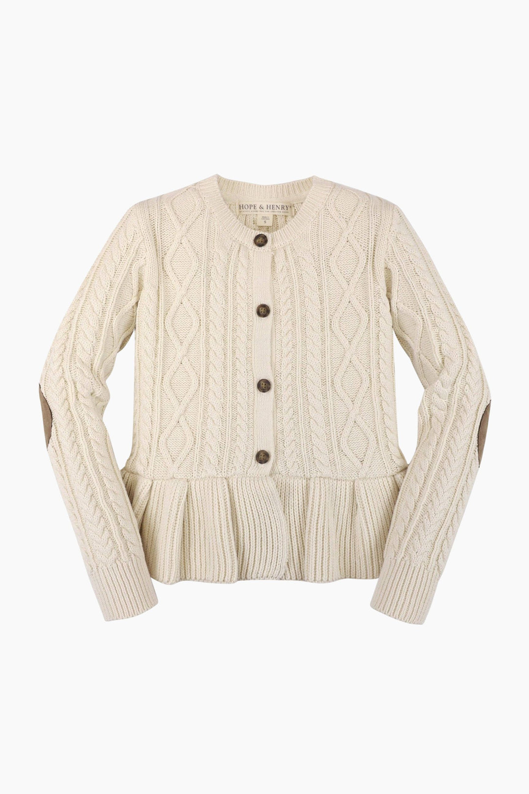 Beige cable knit cardigan with buttons on a white background