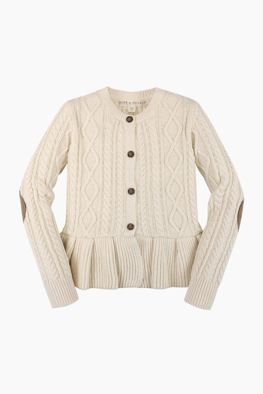 Beige cable knit cardigan with buttons on a white background