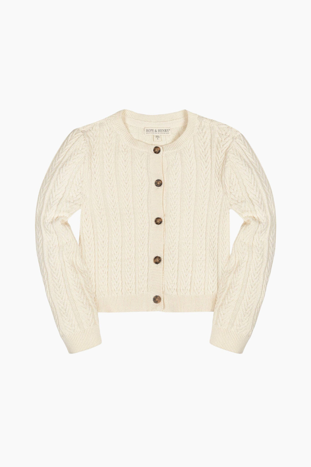 Cream-colored cardigan with brown buttons on a white background