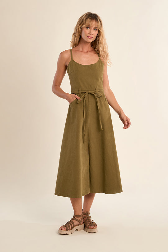 Khaki Green Cotton Tie Back Dress