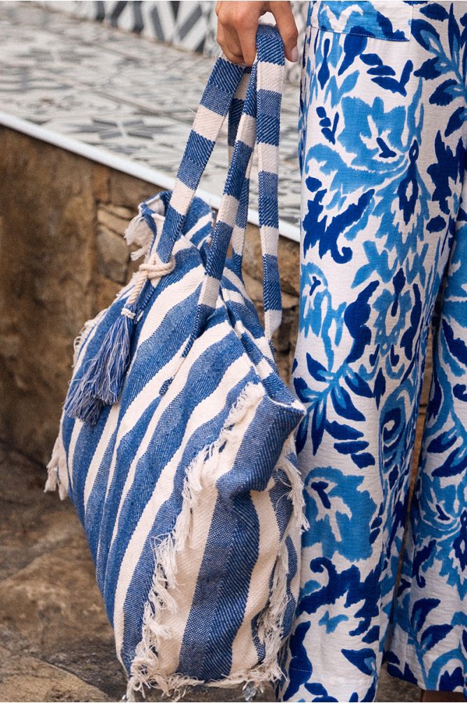 Blue and Ivory Striped Beach Tote