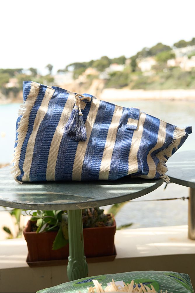 Blue and Ivory Striped Beach Tote