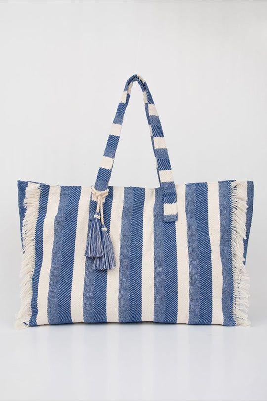 Blue and Ivory Striped Beach Tote